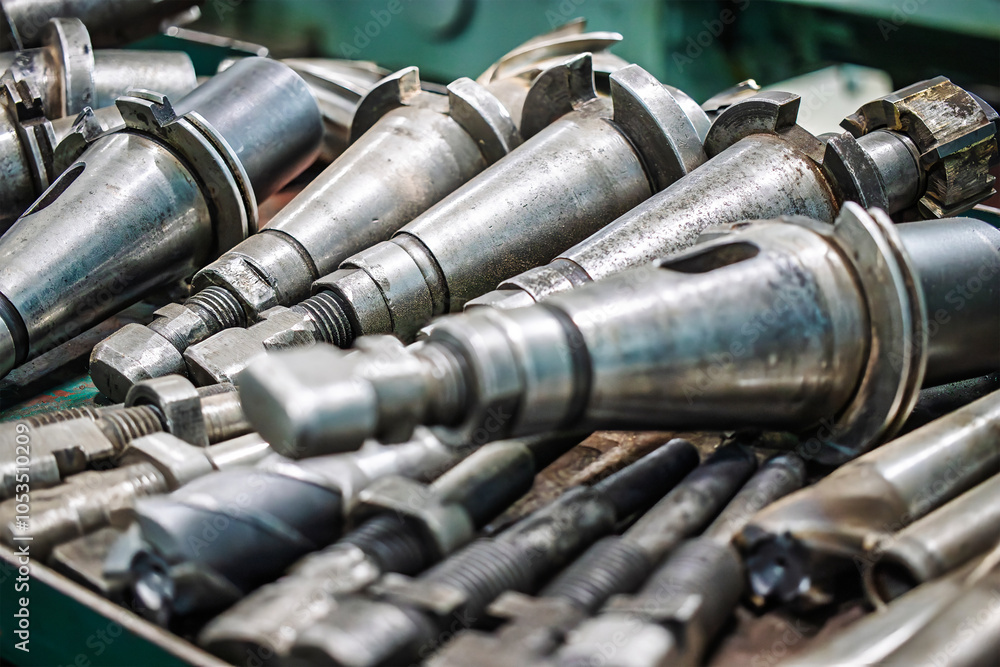 Aufkleber high-quality industrial tools for precision work arranged neatly on a workshop table in a busy manuf