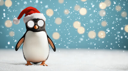Obraz premium A cute penguin wearing a festive Santa hat stands against a snowy backdrop with soft, blurred lights, capturing the magic of the holiday season.