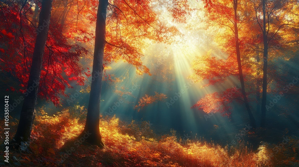 Poster sunlight streaming through colorful trees