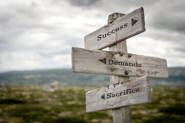 success demands sacrifice text quote written on wooden signpost at the crossroads outdoors in nature.