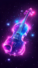 A glowing purple and blue violin with sparkling lights on a dark background.