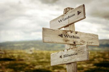 wisdom within silence text quote written on wooden signpost at the crossroads outdoors in nature.