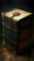 Obraz premium A large, aged, leather-bound book with a red gem on its cover and a leather strap holding it closed.