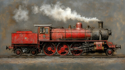 Naklejka premium A red steam locomotive with smoke billowing from its chimney, standing on a set of tracks against a gray background.
