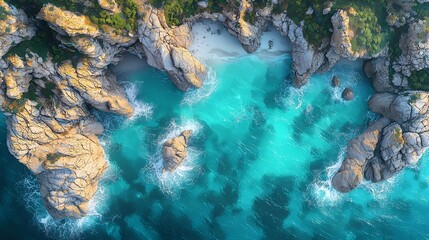 Obraz premium A stunning aerial view of a rocky coastline with vibrant turquoise waves crashing against the shore, highlighting the natural beauty and serene atmosphere of the beach.