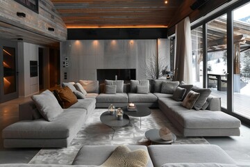 Contemporary Rustic Living Room Decor Featuring Stylish Grey Sofas and Natural Wood Accents