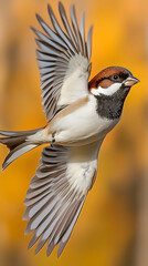 A sparrow with outstretched wings flies in front of a blurred orange background.