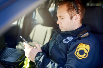 Police, phone and detective with man in car for crime investigation unit, forensic and law...