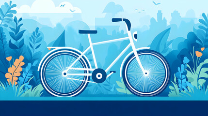 Fototapeta premium A white bicycle with a blue frame is parked in a field of green grass with a background of trees and a cityscape.