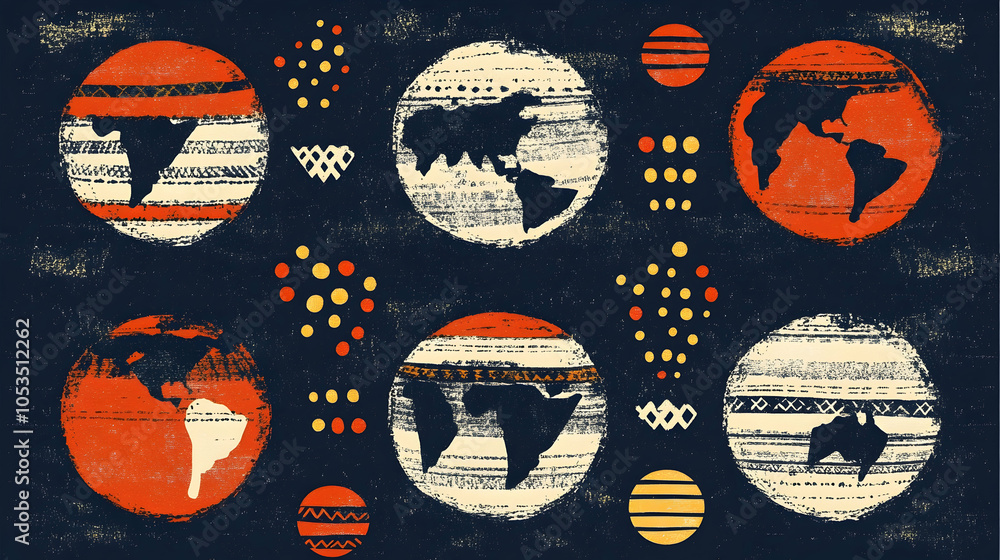 Poster abstract illustration of six globes with various patterns on a dark background.