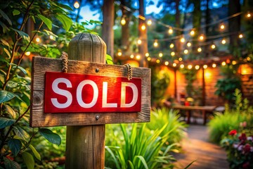 Red Sold Out Sign on Wooden Post in a Rustic Setting, High Depth of Field, Ideal for Retail, Business, or Marketing Concepts, Nature Background for Enhanced Visual Appeal
