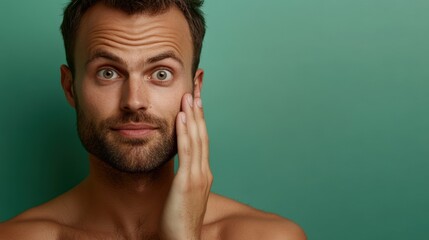 Obraz premium Surprised Young Man Expressing Curiosity on a Green Background