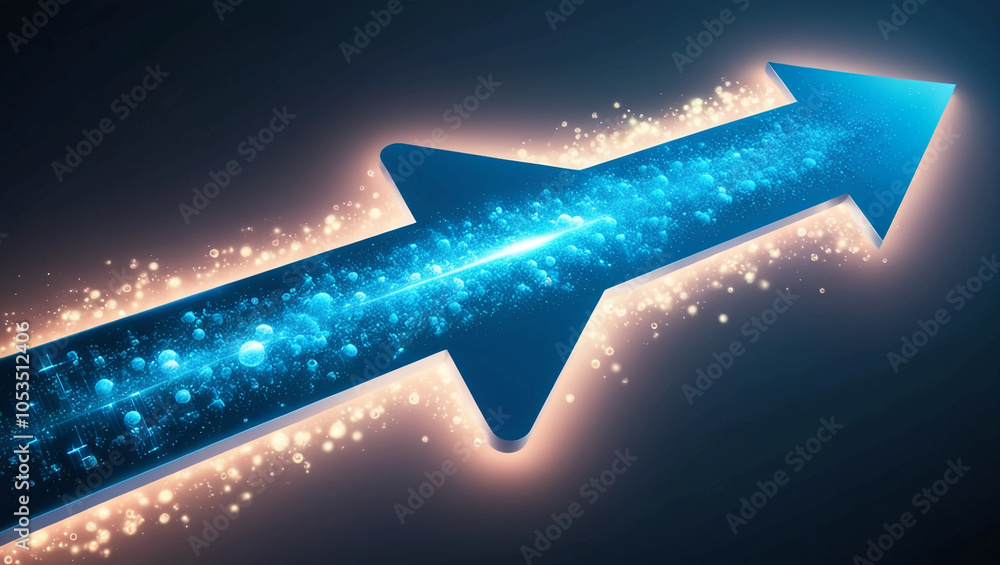 Poster 3d image of a futuristic blue arrow formed by glowing digital particles representing growth and prog