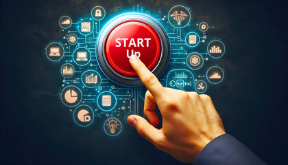 Naklejka premium Hand Pressing Start Up Button with Technology Icons