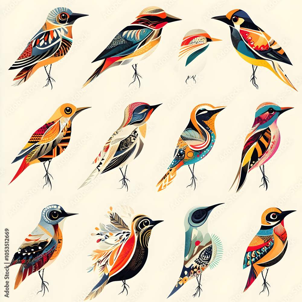 Poster collection of twelve colorful birds with different patterns and designs.