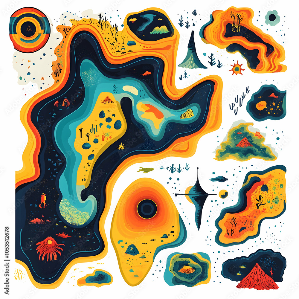 Poster colorful abstract map with various shapes and symbols.