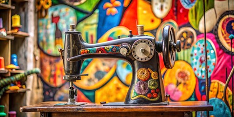 Retro manual sewing machine surrounded by an abstract urban exploration art backdrop, blending artistic performance and musical instruments for a vibrant and creative design theme.
