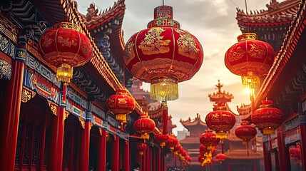 Decorative Red Lanterns Illuminate a Traditional Chinese Street During Twilight in an Ancient Cultural Setting
