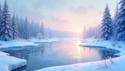 Winter landscape with snow-covered trees and a serene river at sunrise, perfect for seasonal themes and nature photography