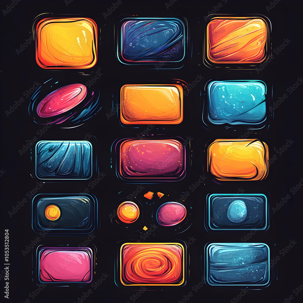 Poster colorful buttons with various textures for game design.