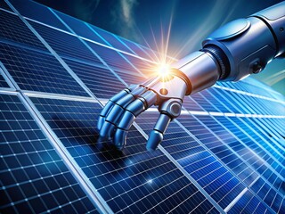 Fototapeta premium Robot Hand Inspecting Solar Panels with Precision in a High-Tech Environment, Macro Photography, Blue Lighting, Innovative Technology, Automation, Renewable Energy