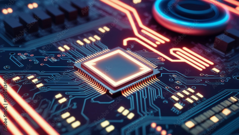 Poster a futuristic, glowing circuit board with intricate neon lines and digital data streams, showcasing a