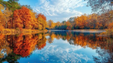 Obraz premium Scenic view of a lake with fall reflections