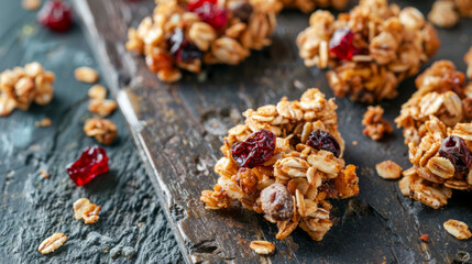Fototapeta premium Clusters of chewy granola cookies with dried fruits arranged on a rustic wooden surface, perfect for a healthy snack at any time