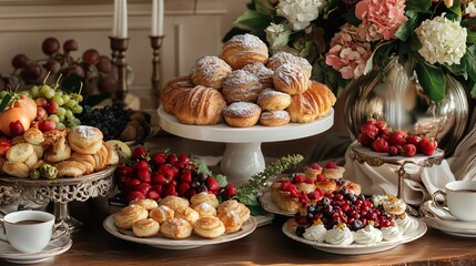 Elegant Dessert Table with Pastry, Fruit, and Flowers
