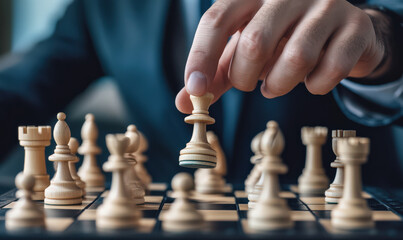 man in suit plays game of chess, strategizing his next move. He is focused and determined, with serious expression on his face