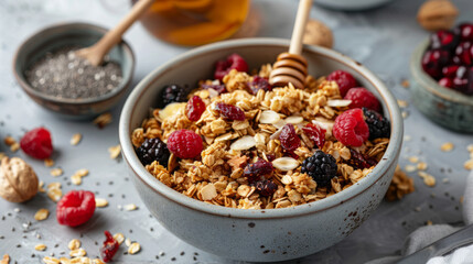 Delicious bowl of granola topped with fresh berries, chia seeds, and drizzled with honey on a bright kitchen countertop