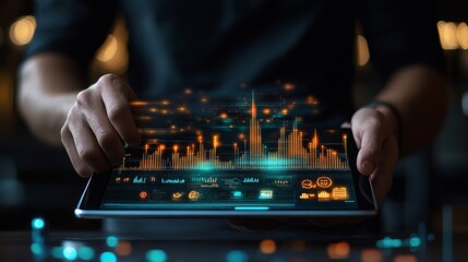 A business analyst using virtual reality to explore stock market trends and data