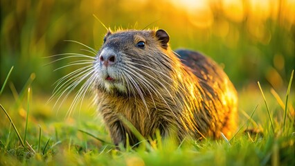 Wide-angle view of a nutria, dark muskrat, and beaver in the meadow