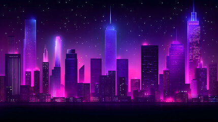 Fototapeta premium Neon city skyline at night with glowing skyscrapers and starry sky.