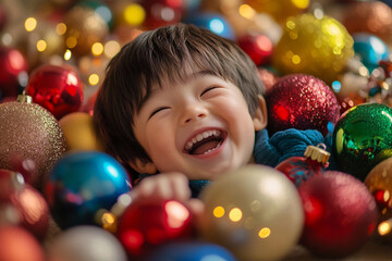 A joyful child plays among colorful Christmas ornaments during the festive holiday season