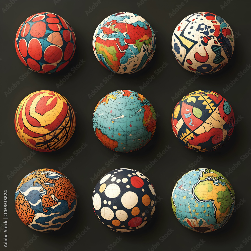 Poster nine colorful spheres with different patterns.