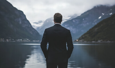 Fototapeta premium man in suit stands on dock overlooking lake and mountains, contemplating future