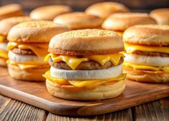 Savor our Delicious Egg McMuffins Collection with a  background, perfect for culinary marketing, breakfast inspiration, fast food photography, elegant sandwich presentations, and gourmet recipes.