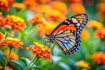 Obraz premium Wide-angle view of butterfly on colorful flowers background