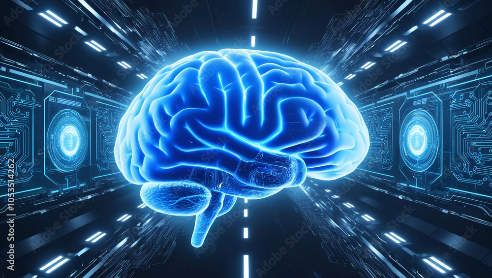 Poster ultra-detailed digital image of a glowing blue brain floating in a high-tech environment with neural