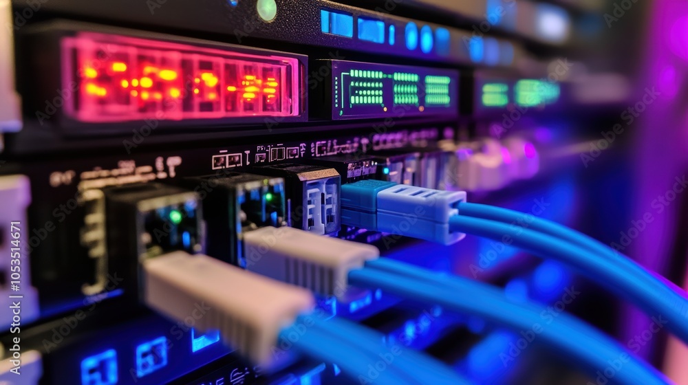 Poster close-up of network cables connected to a server with colorful lights illuminating the scene.