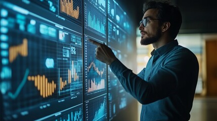 A business analyst using virtual reality to explore stock market trends and data