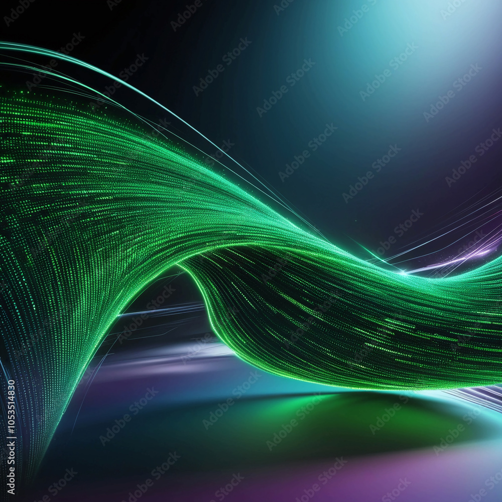 Poster abstract green digital matrix with bright dots and lines forming a flowing wave, futuristic data str