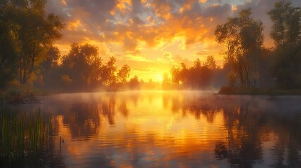 Obraz premium A serene sunset reflects beautifully on the tranquil waters, surrounded by lush trees and soft mist, creating a peaceful and picturesque natural landscape scene.