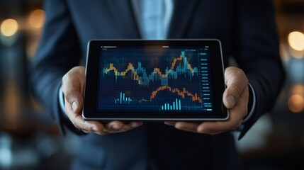 A business analyst using virtual reality to explore stock market trends and data