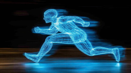 A Dynamic Blue Hologram of a Runner in Motion, Showcasing Speed and Energy Against a Dark Background