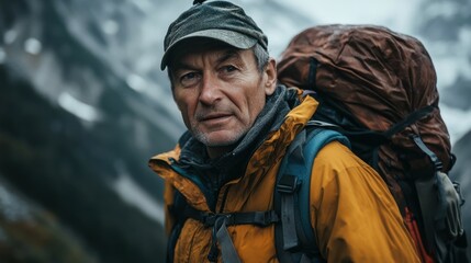 Fototapeta premium Swiss man with a hiking backpack, looking adventurous