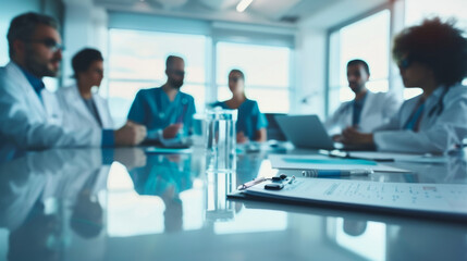 Team members engage in a strategic discussion during a meeting in a modern conference room in a healthcare setting
