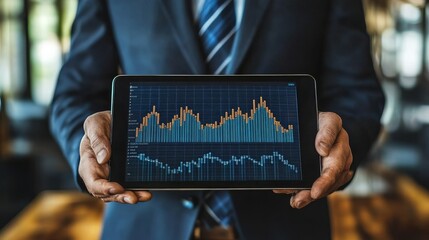 A business analyst using virtual reality to explore stock market trends and data