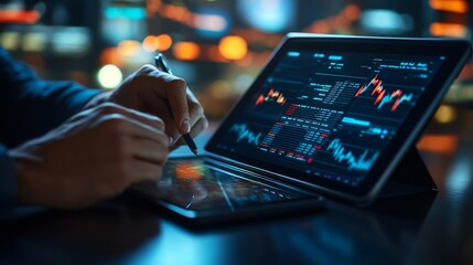 A business analyst using virtual reality to explore stock market trends and data